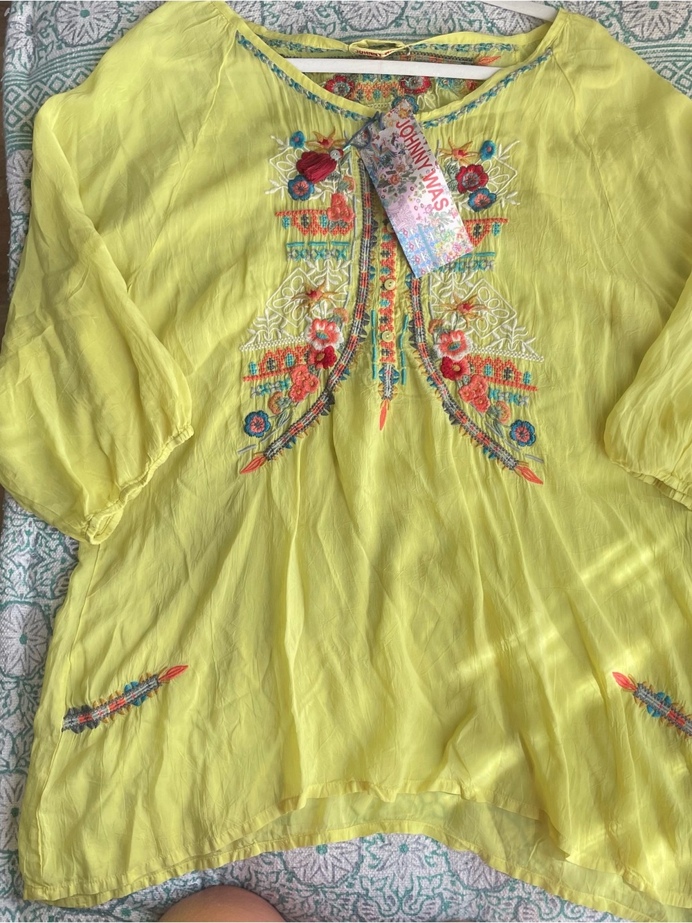 NWT Johnny Was Ari Blouse Lemon Embroidered Boho Tunic